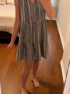 Time and Tru Black & White Striped V-Neck Tiered Mini Dress